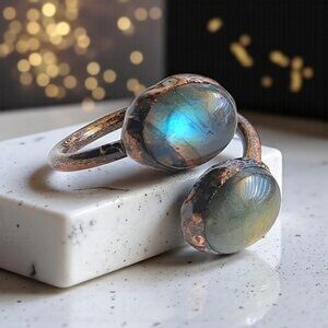 Boho Vintage Labradorite Ring Adjustable Open Wrap Handmade Copper Finish